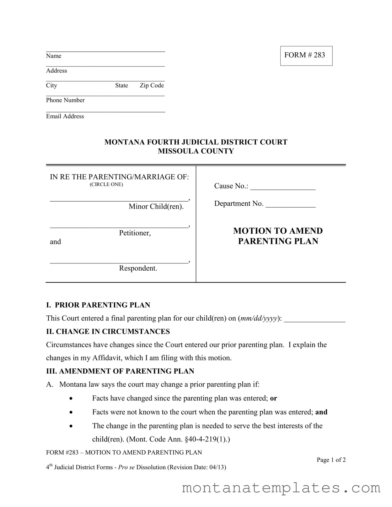 Fill in a Valid Montana 283 Form