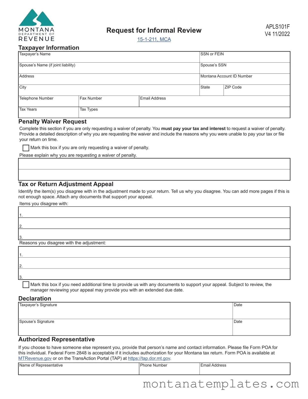 Fill in a Valid Montana Apls101F Form