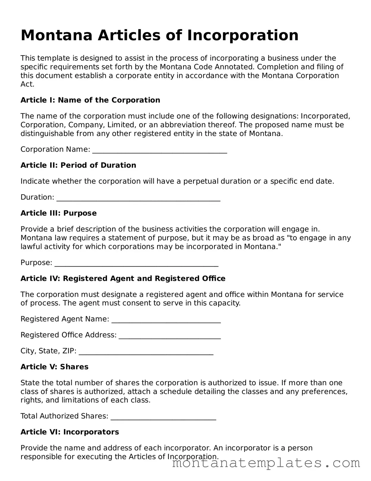 Official Montana Articles of Incorporation Template