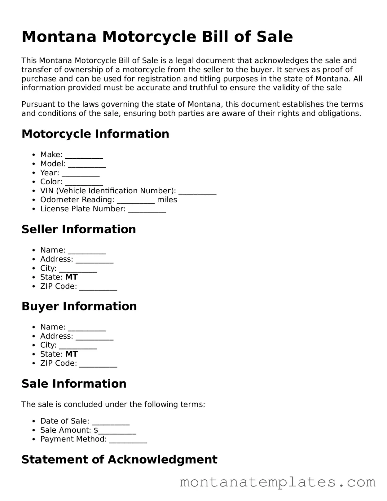 Official Montana Motorcycle Bill of Sale Template