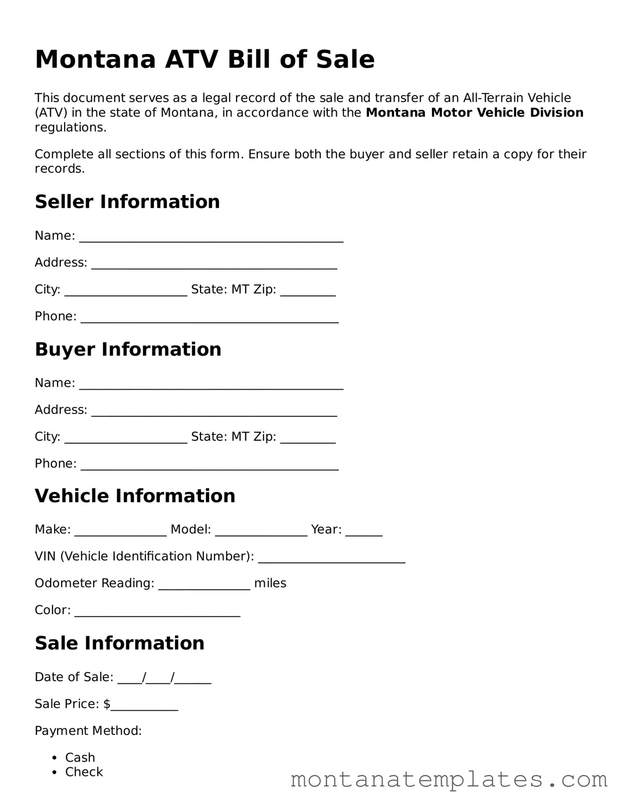 Official Montana ATV Bill of Sale Template