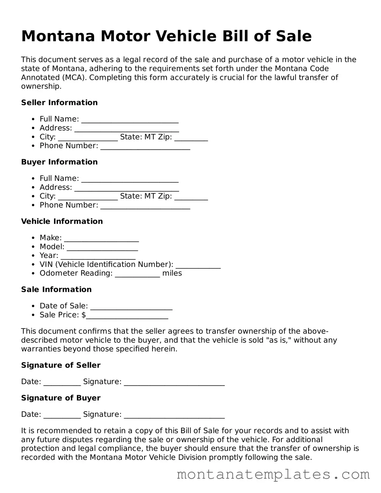 Official Montana Motor Vehicle Bill of Sale Template