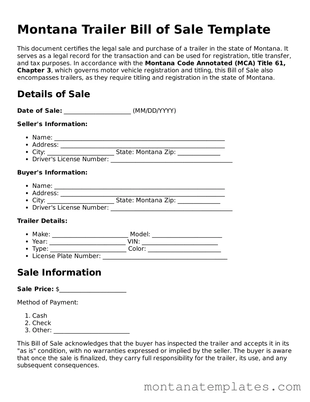 Official Montana Trailer Bill of Sale Template