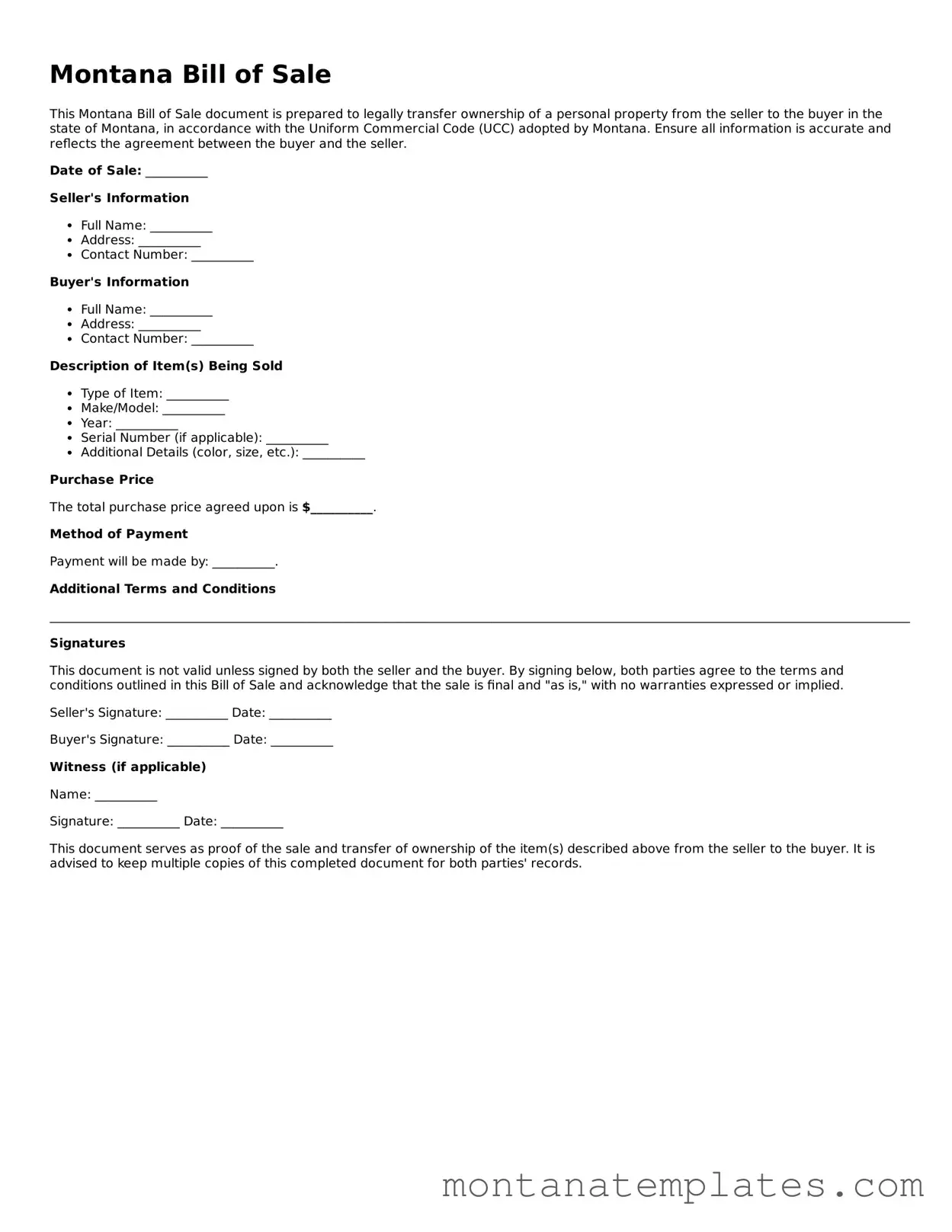 Official Montana Bill of Sale Template