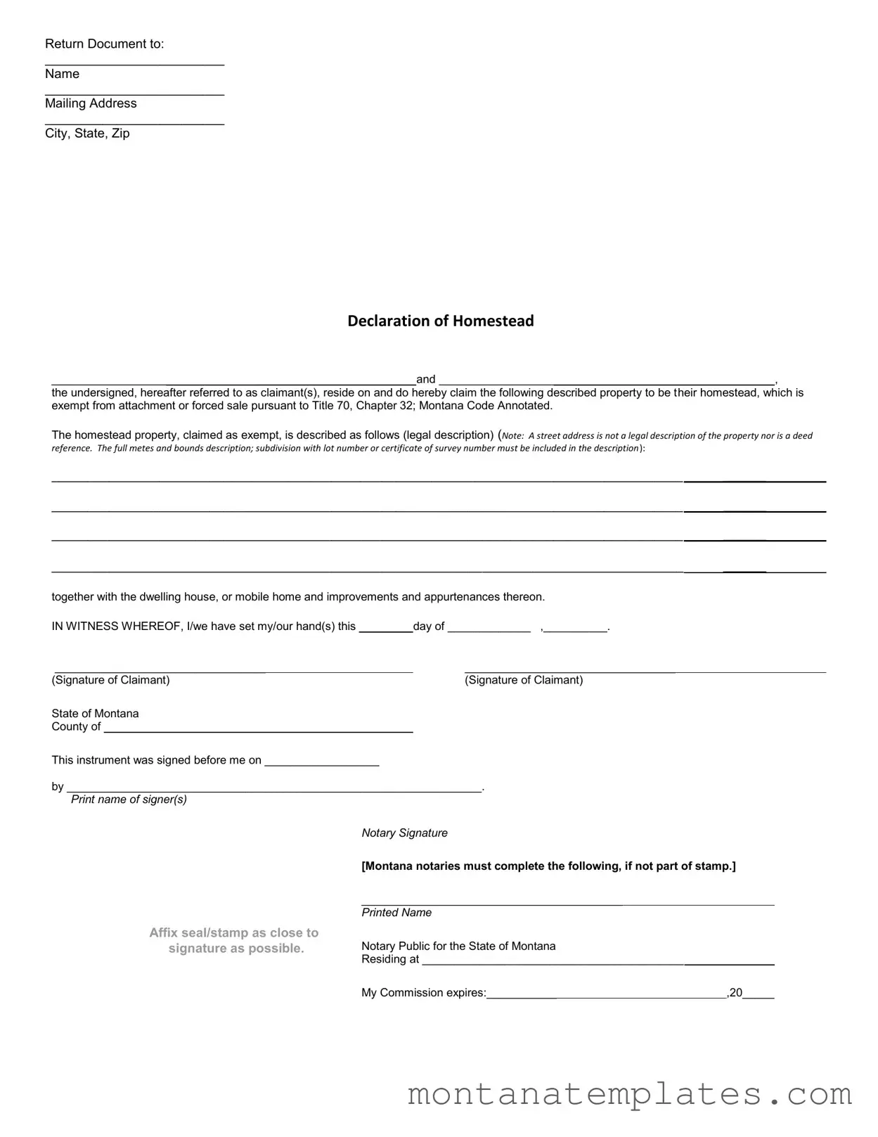 Fill in a Valid Montana Declaration Homestead Form