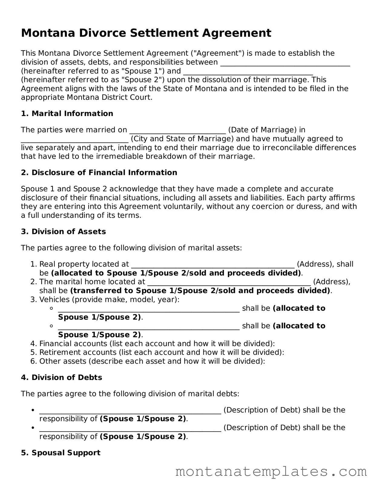 Official Montana Divorce Settlement Agreement Template