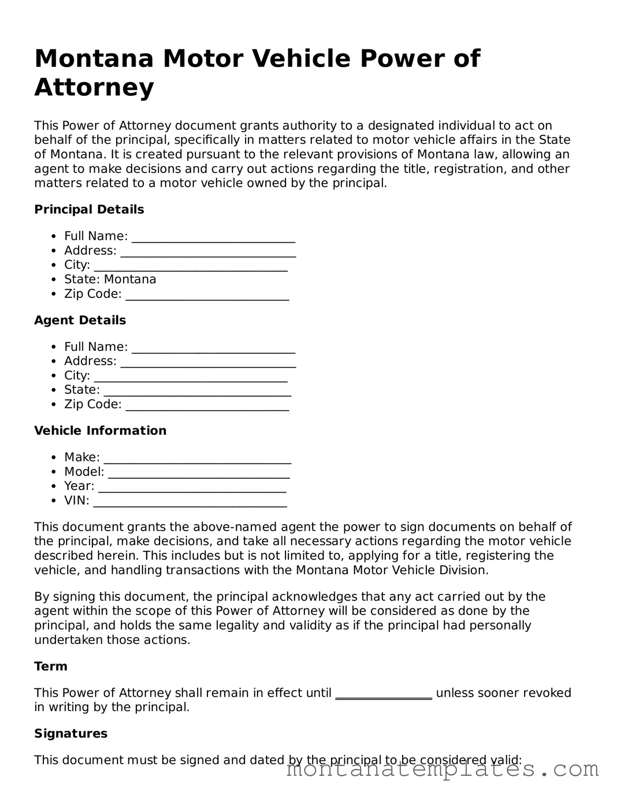 Official Montana Motor Vehicle Power of Attorney Template