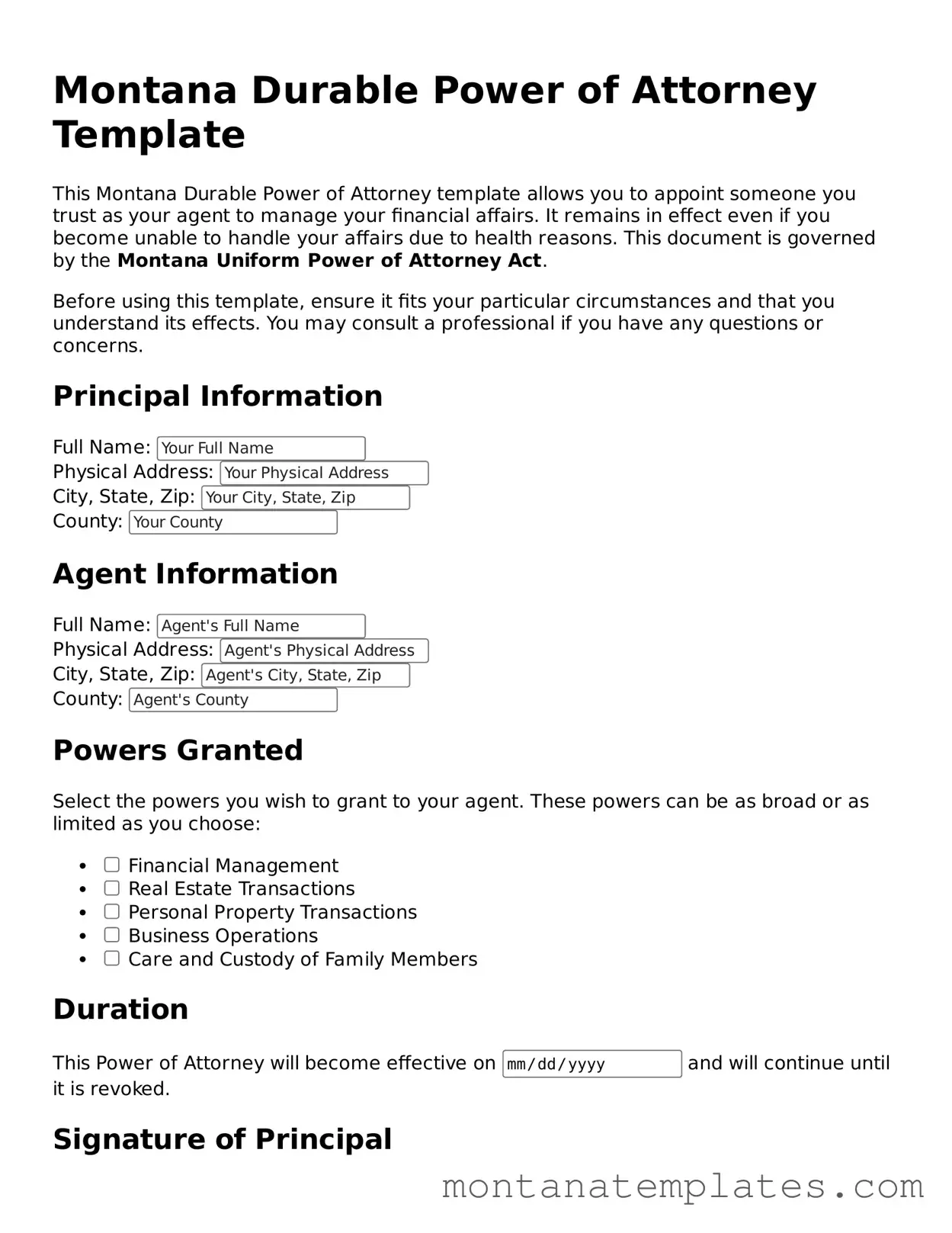 Official Montana Durable Power of Attorney Template