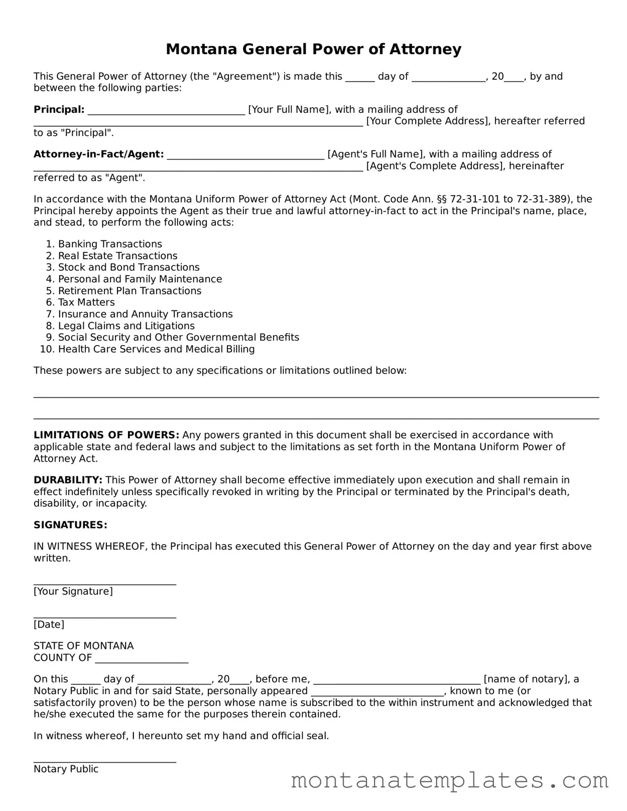 Official Montana General Power of Attorney Template