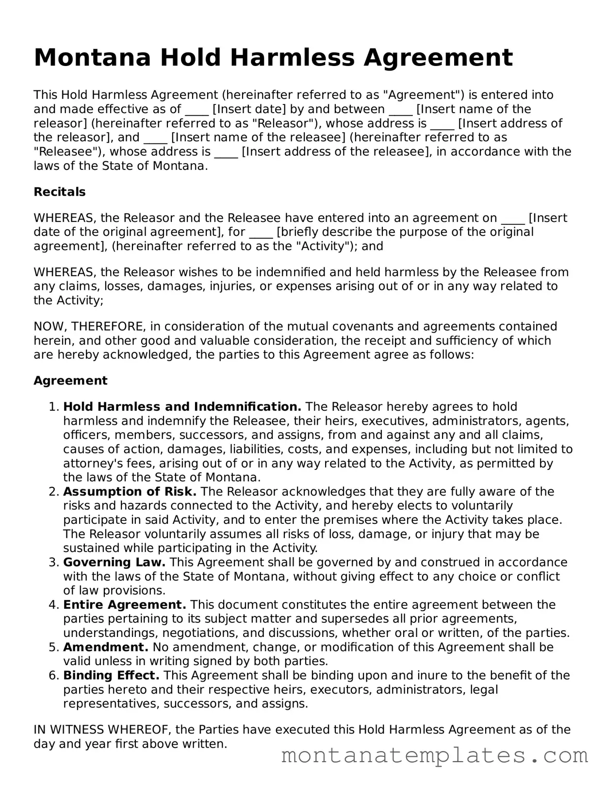 Official Montana Hold Harmless Agreement Template