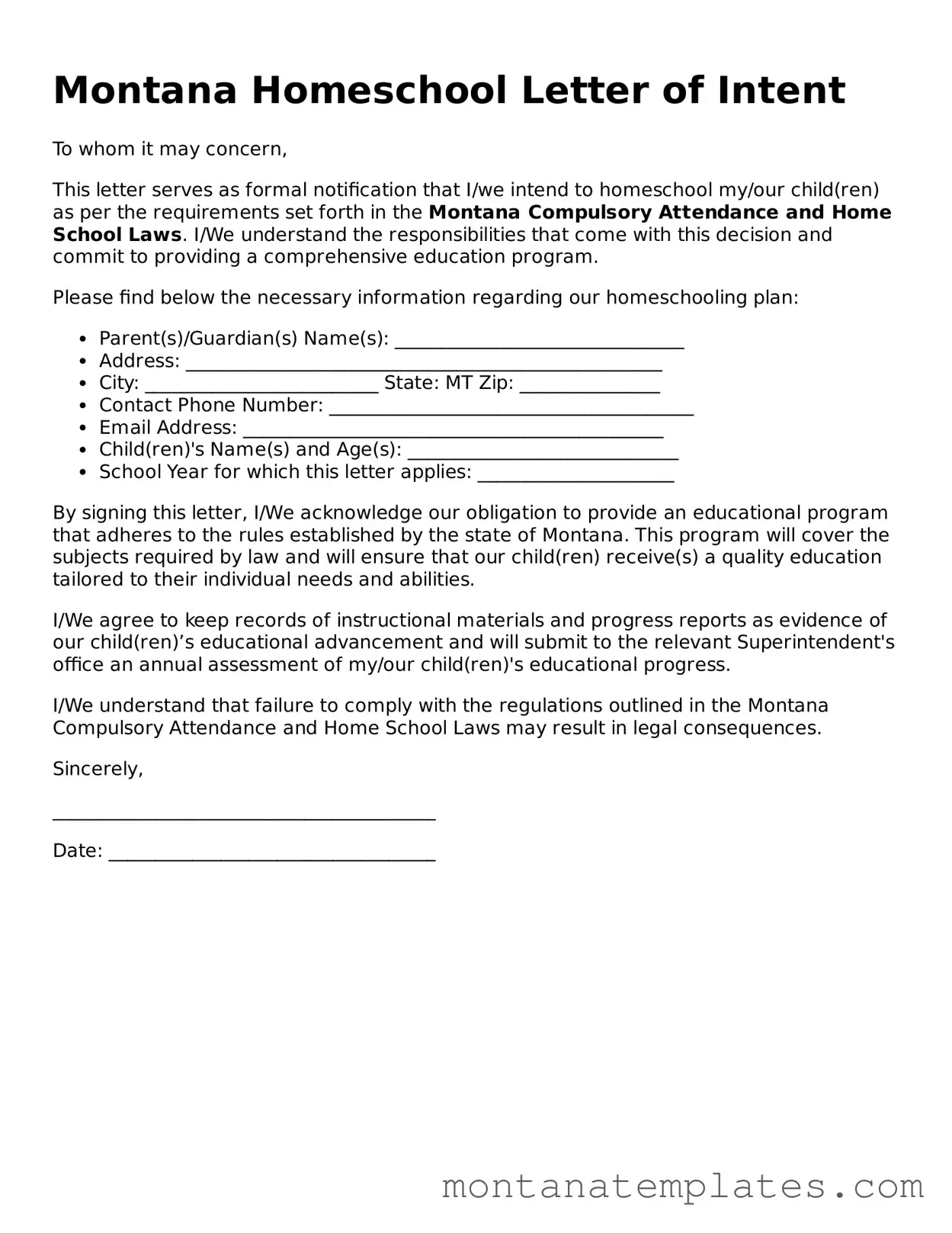 Official Montana Homeschool Letter of Intent Template
