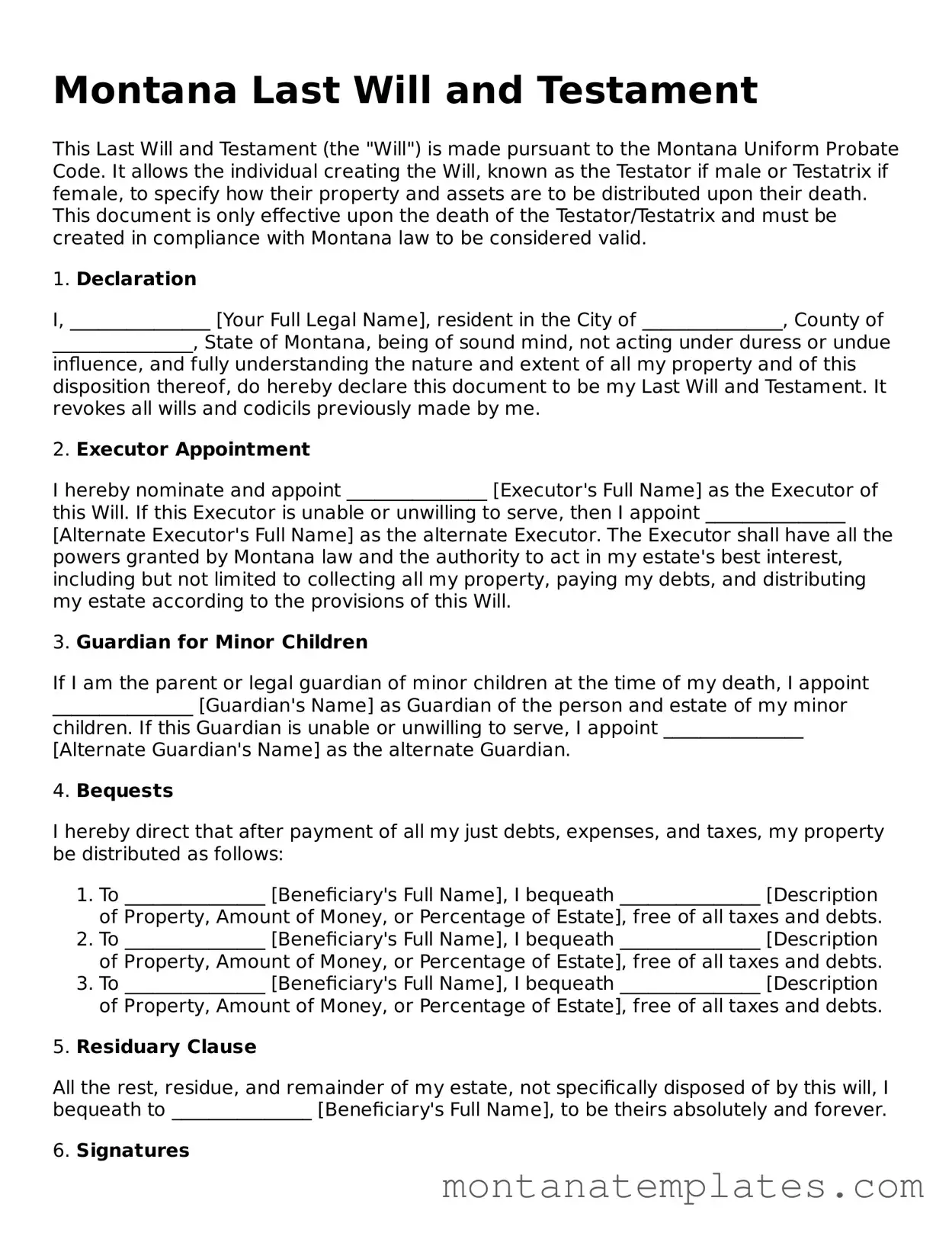 Official Montana Last Will and Testament Template