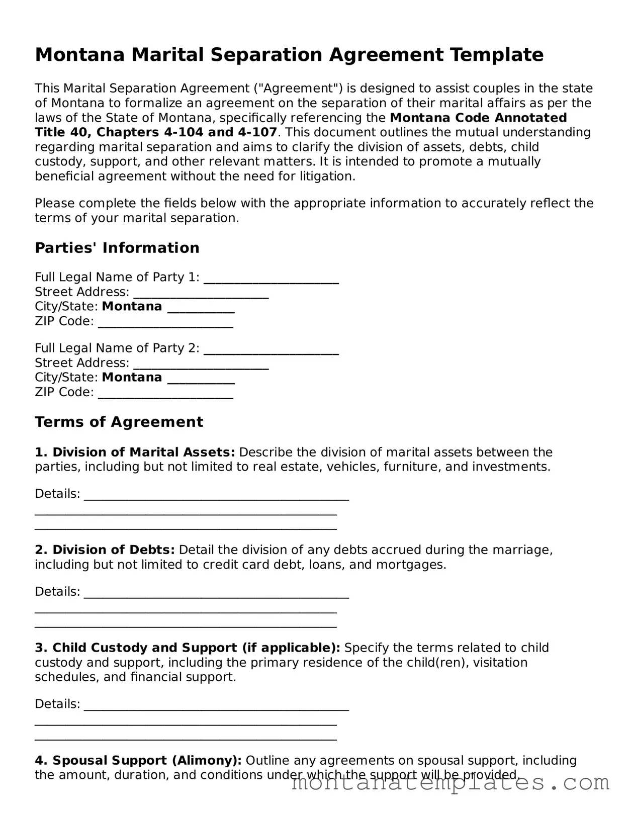 Official Montana Marital Separation Agreement Template