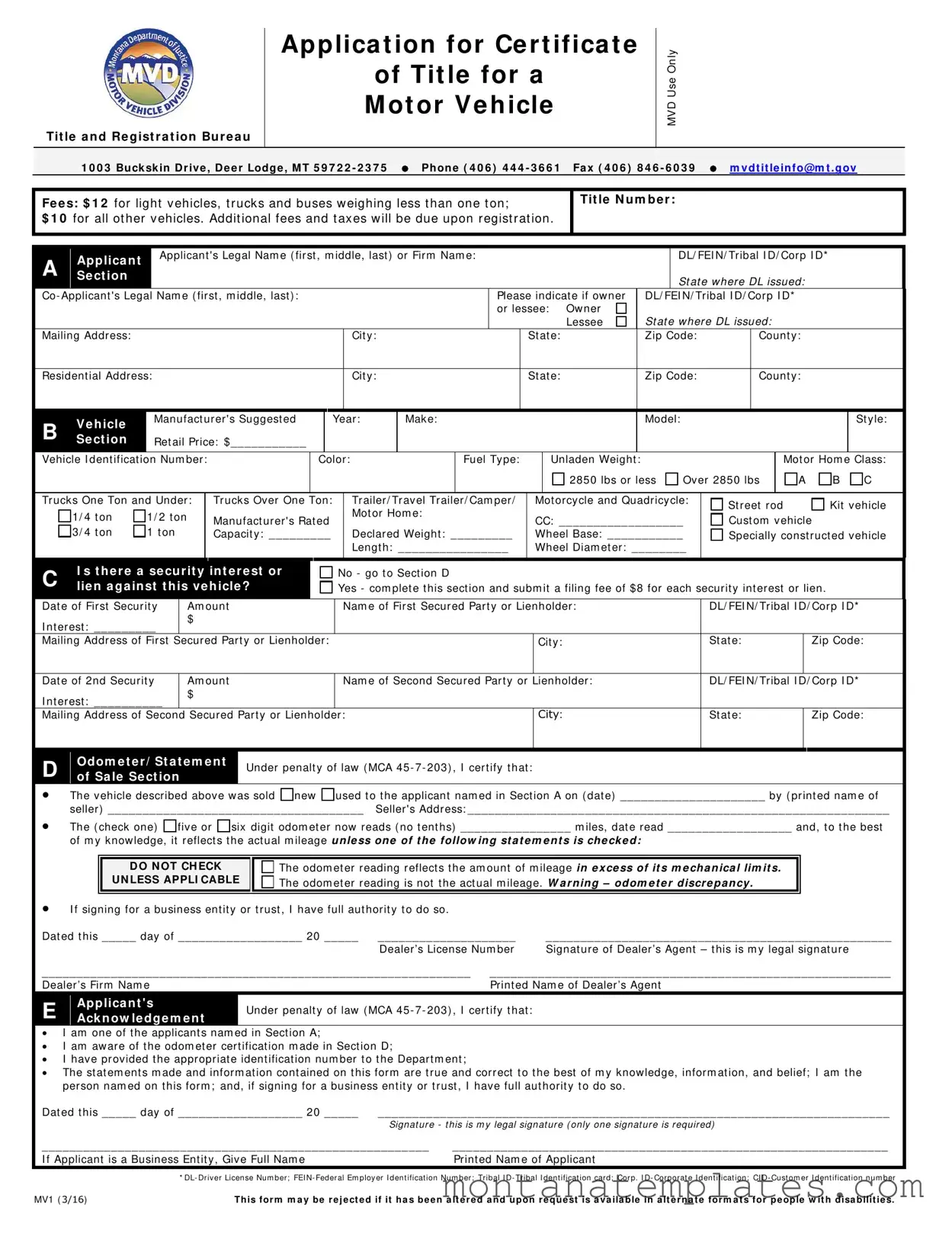 Fill in a Valid Montana Mv1 Form