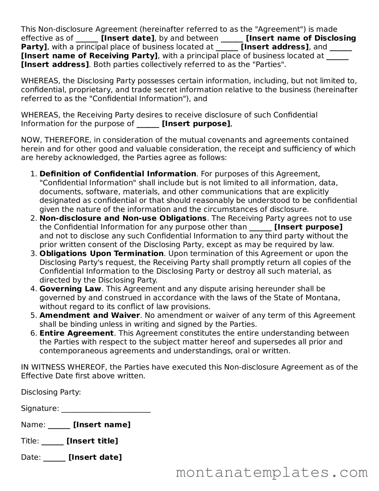 Official Montana Non-disclosure Agreement Template