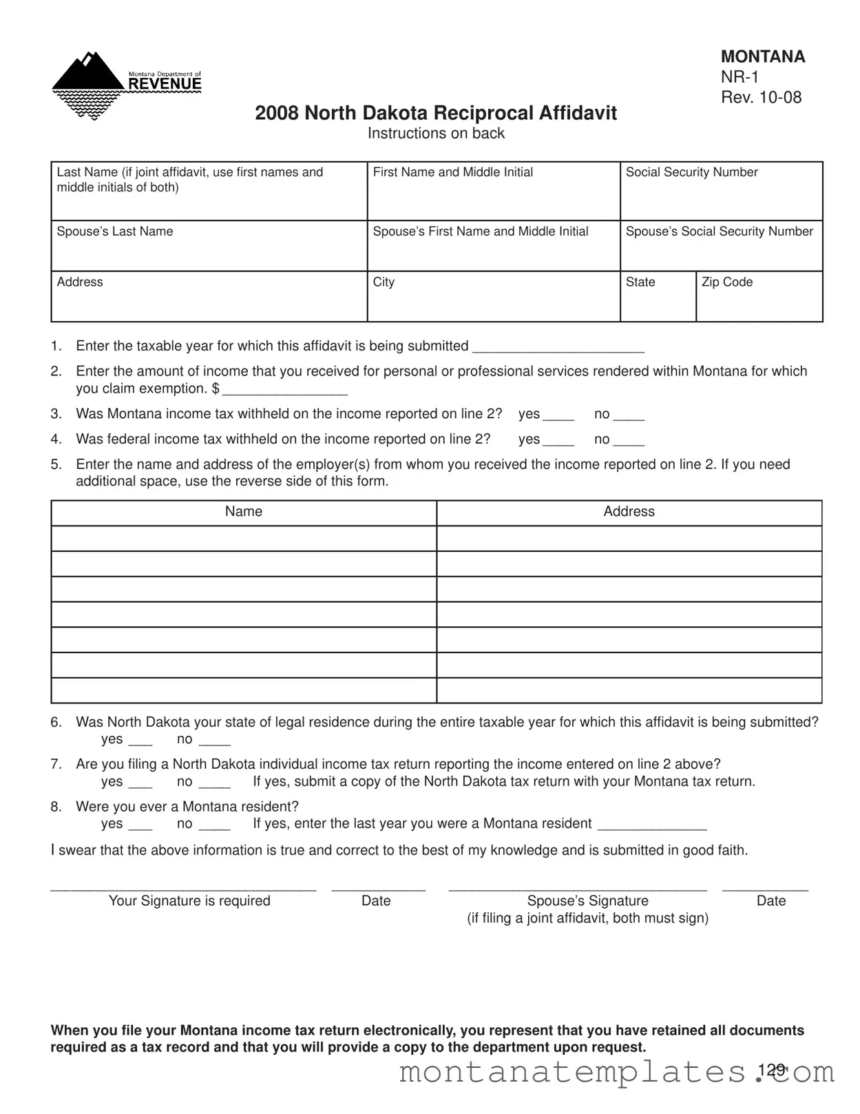 Fill in a Valid Montana Nr 1 Form