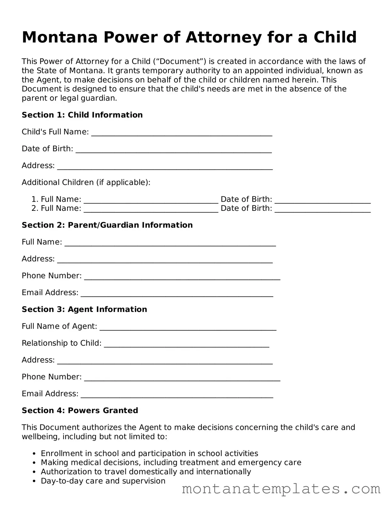 Official Montana Power of Attorney for a Child Template