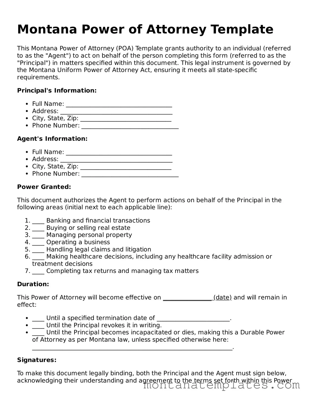 Official Montana Power of Attorney Template