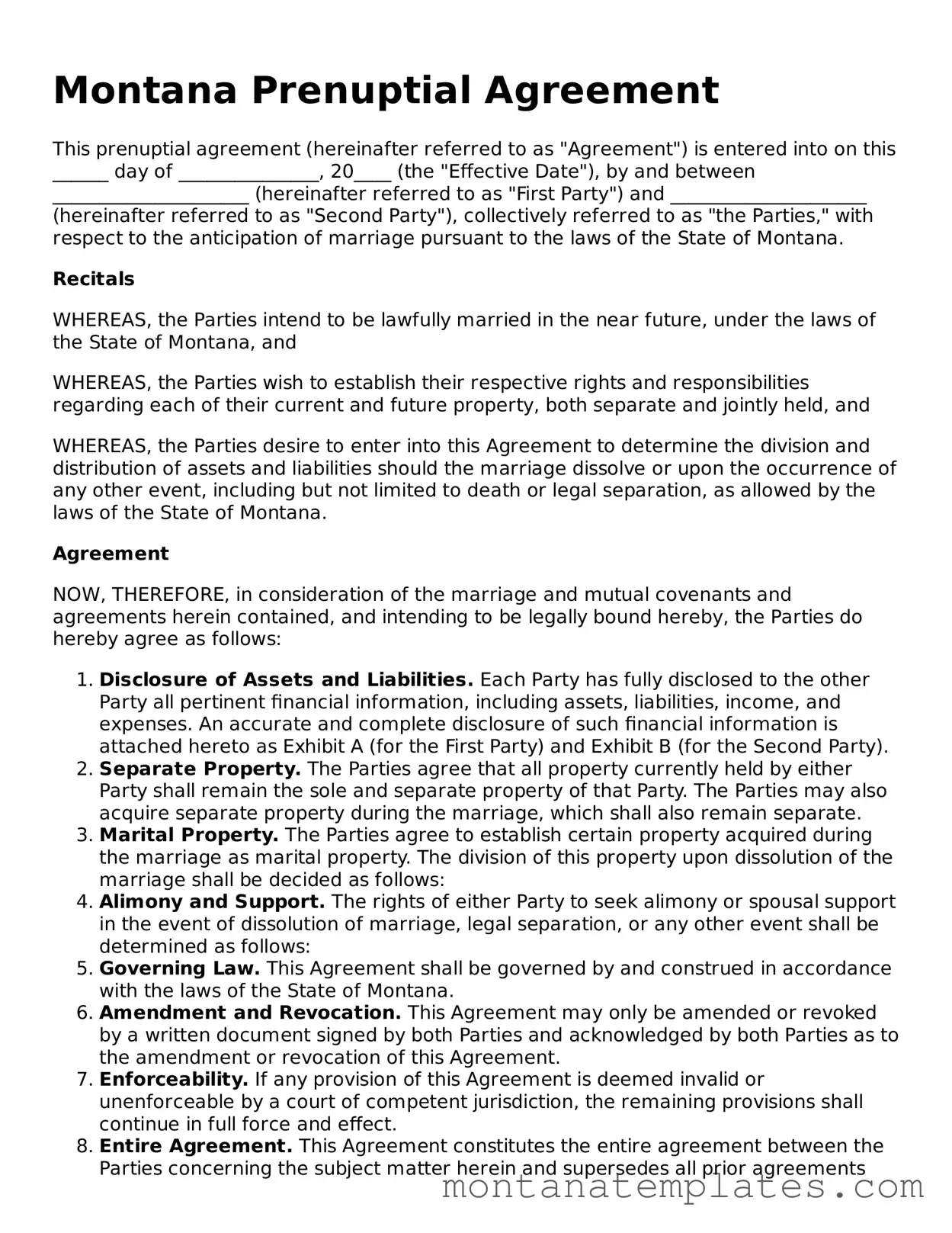 Official Montana Prenuptial Agreement Template