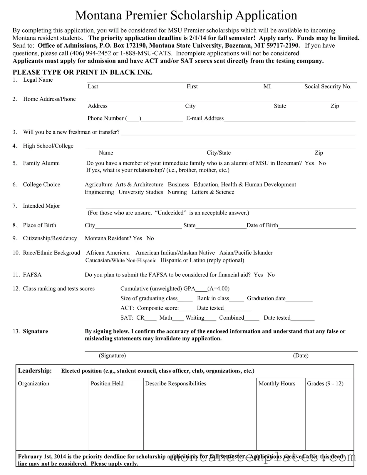 Fill in a Valid Montana Premier Scholarship Form