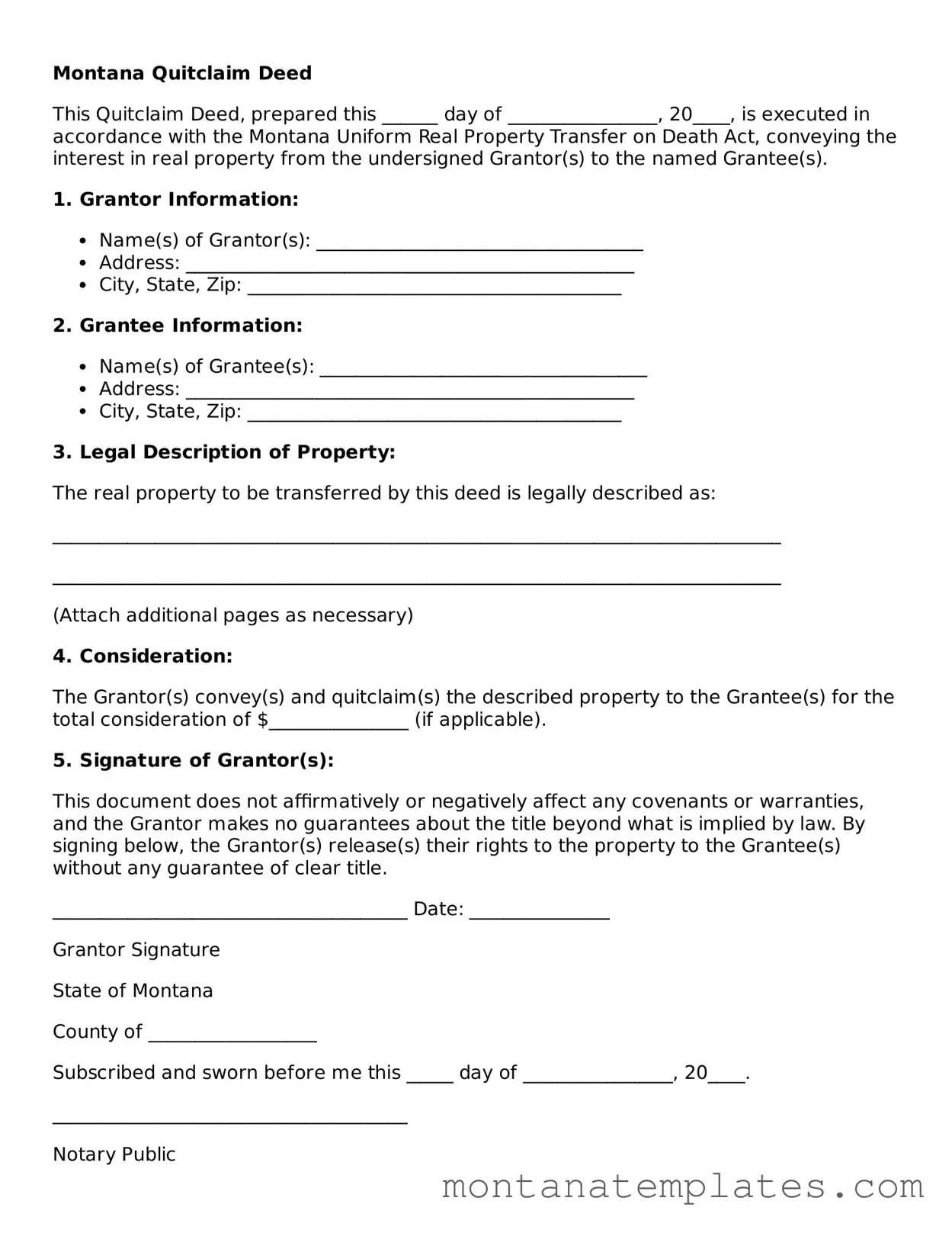Official Montana Quitclaim Deed Template