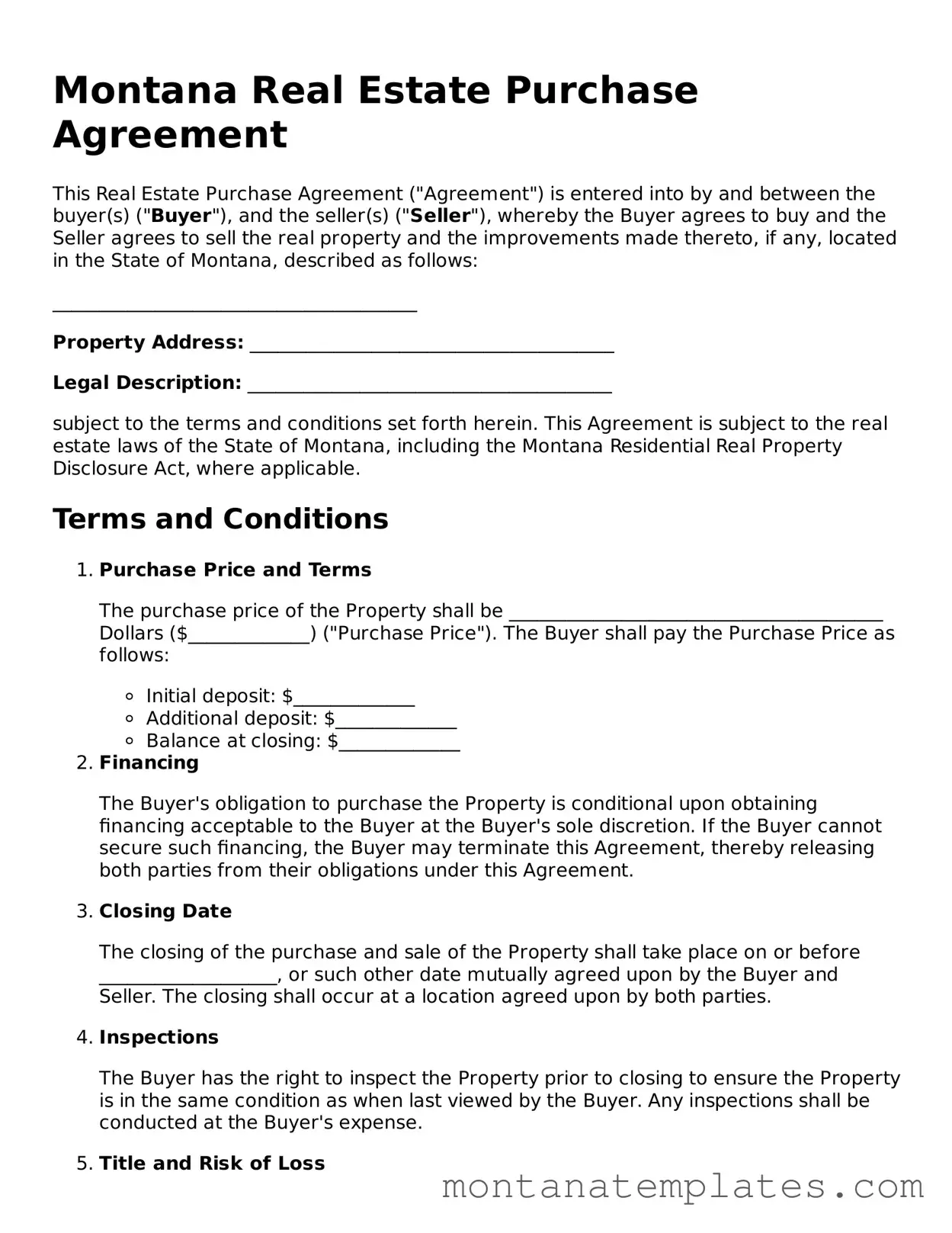 Official Montana Real Estate Purchase Agreement Template