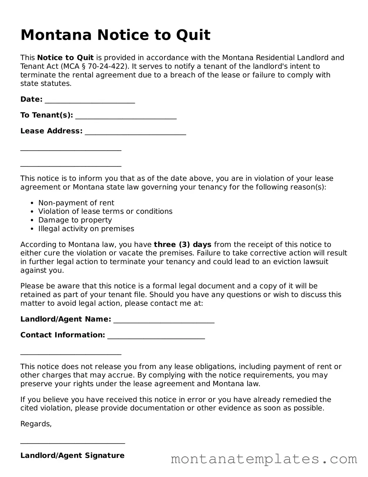 Official Montana Notice to Quit Template