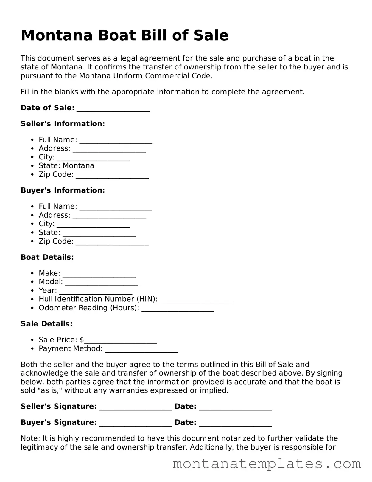Official Montana Boat Bill of Sale Template
