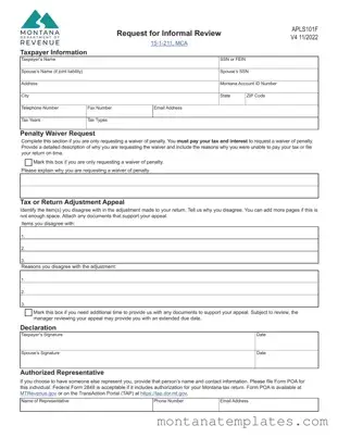 Fill in a Valid Montana Apls101F Form