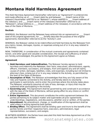 Official Montana Hold Harmless Agreement Template