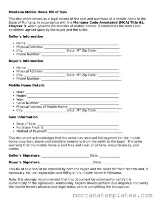 Official Montana Mobile Home Bill of Sale Template